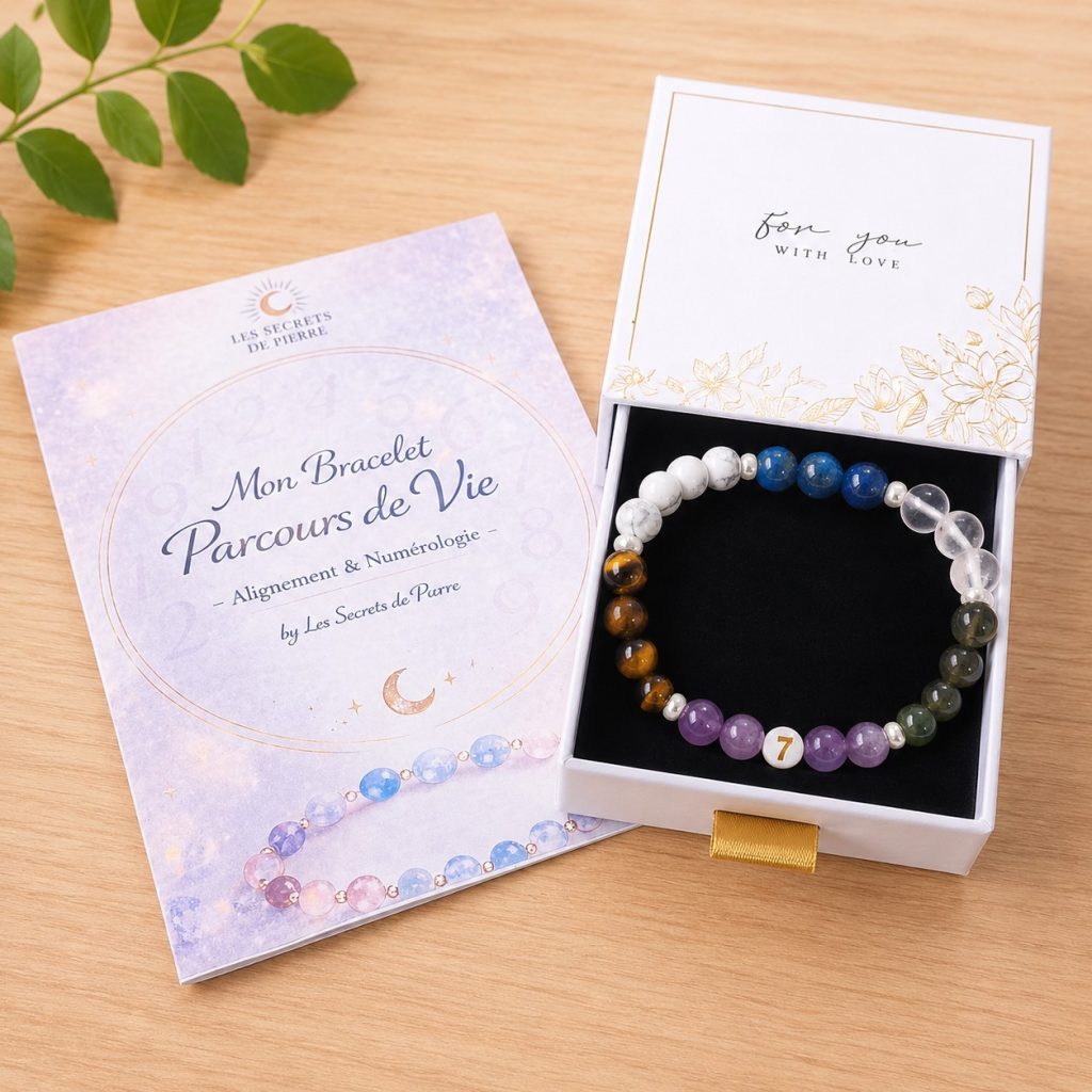 Bracelet Parcours de Vie personnalisé en pierres naturelles réalisé selon la numérologie.