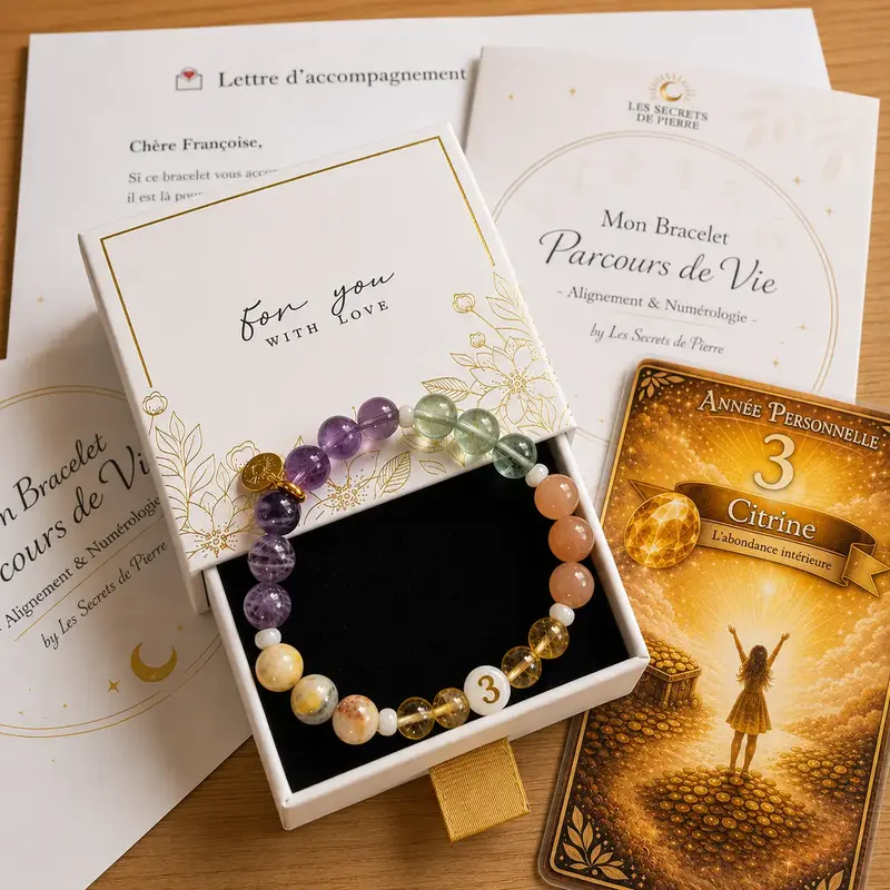 Bracelet Parcours de Vie personnalisé dans son coffret avec son livret et sa carte annuelle.