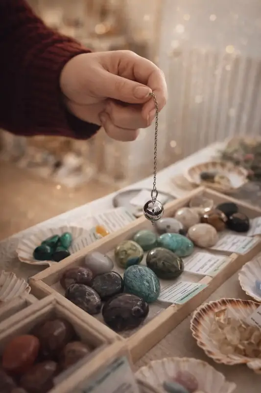 Recherche personnalisée au pendule au-dessus d’une sélection de pierres naturelles.