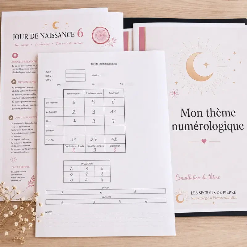 Documents personnalisés d’un thème numérologique Les Secrets de Pierre.