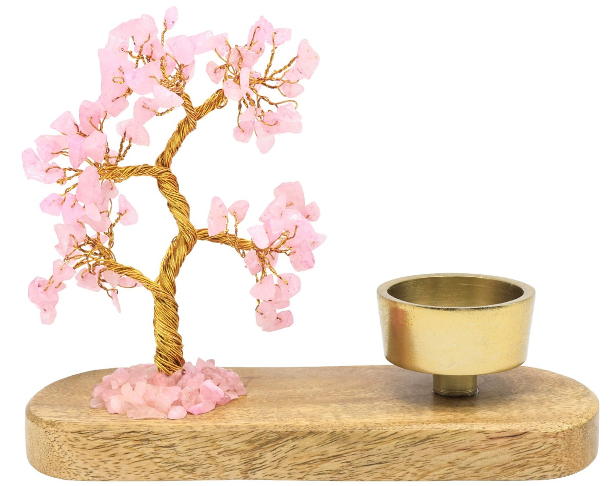 Arbre du bonheur avec bougeoir — Quartz rose