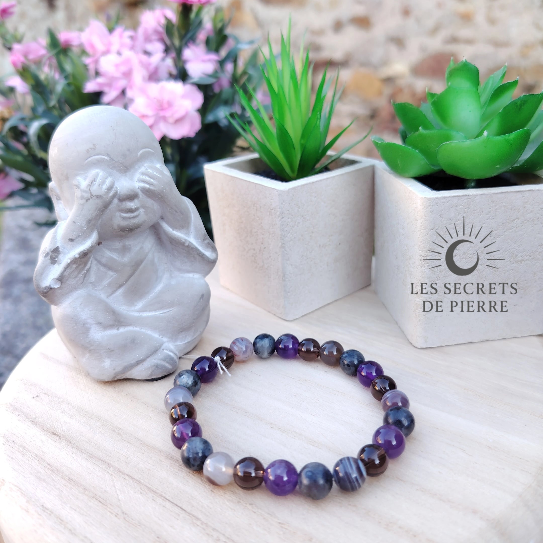 "Soutien Libérateur – Addiction" - Agate Botswana, Quartz Fumé & Améthyste – intercalaires inox noirs – Image 5