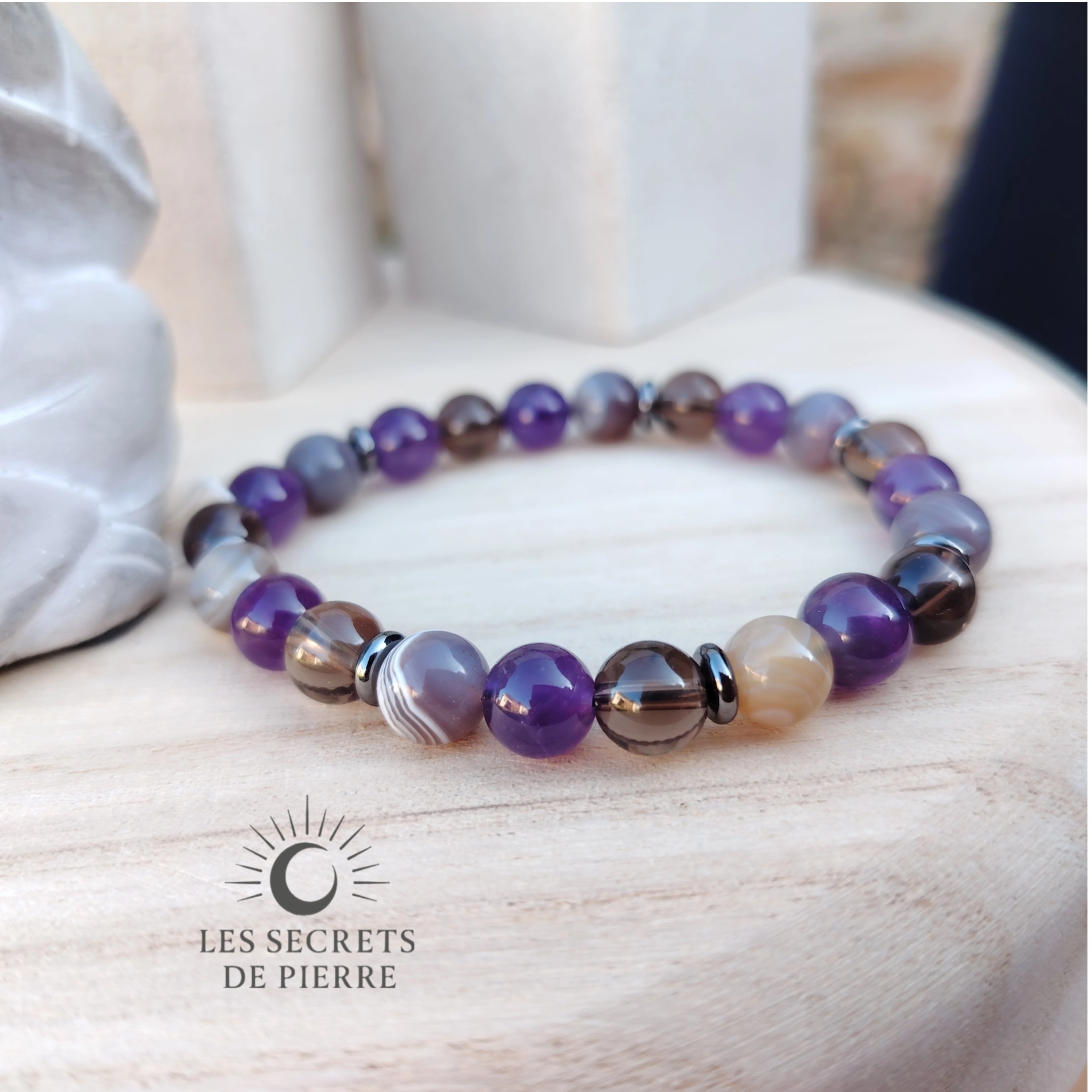 Bracelet en agate de Botswana, quartz fumé et améthyste, perles naturelles 8 mm, monté sur fil élastique