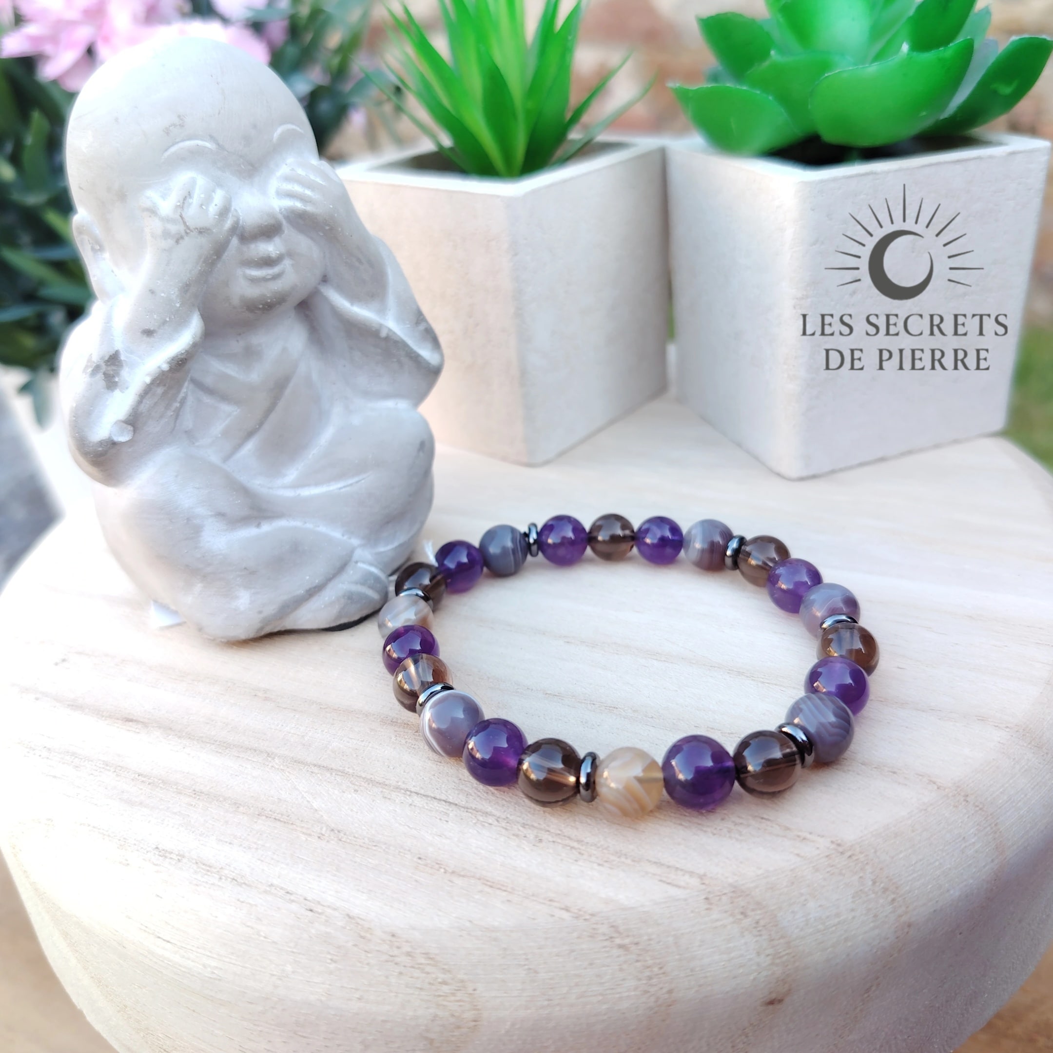 "Soutien Libérateur – Addiction" - Agate Botswana, Quartz Fumé & Améthyste – intercalaires inox noirs – Image 3