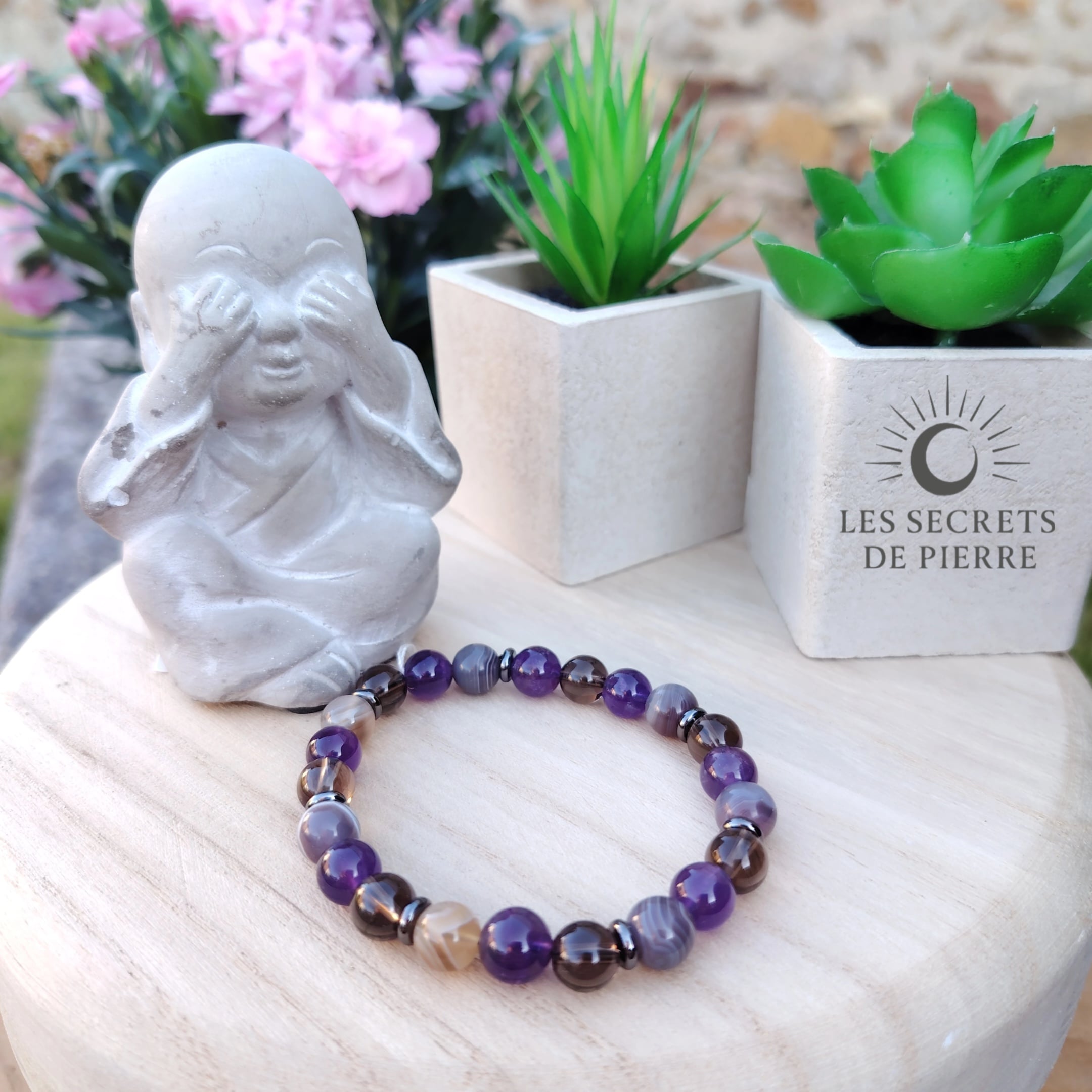 "Soutien Libérateur – Addiction" - Agate Botswana, Quartz Fumé & Améthyste – intercalaires inox noirs – Image 2