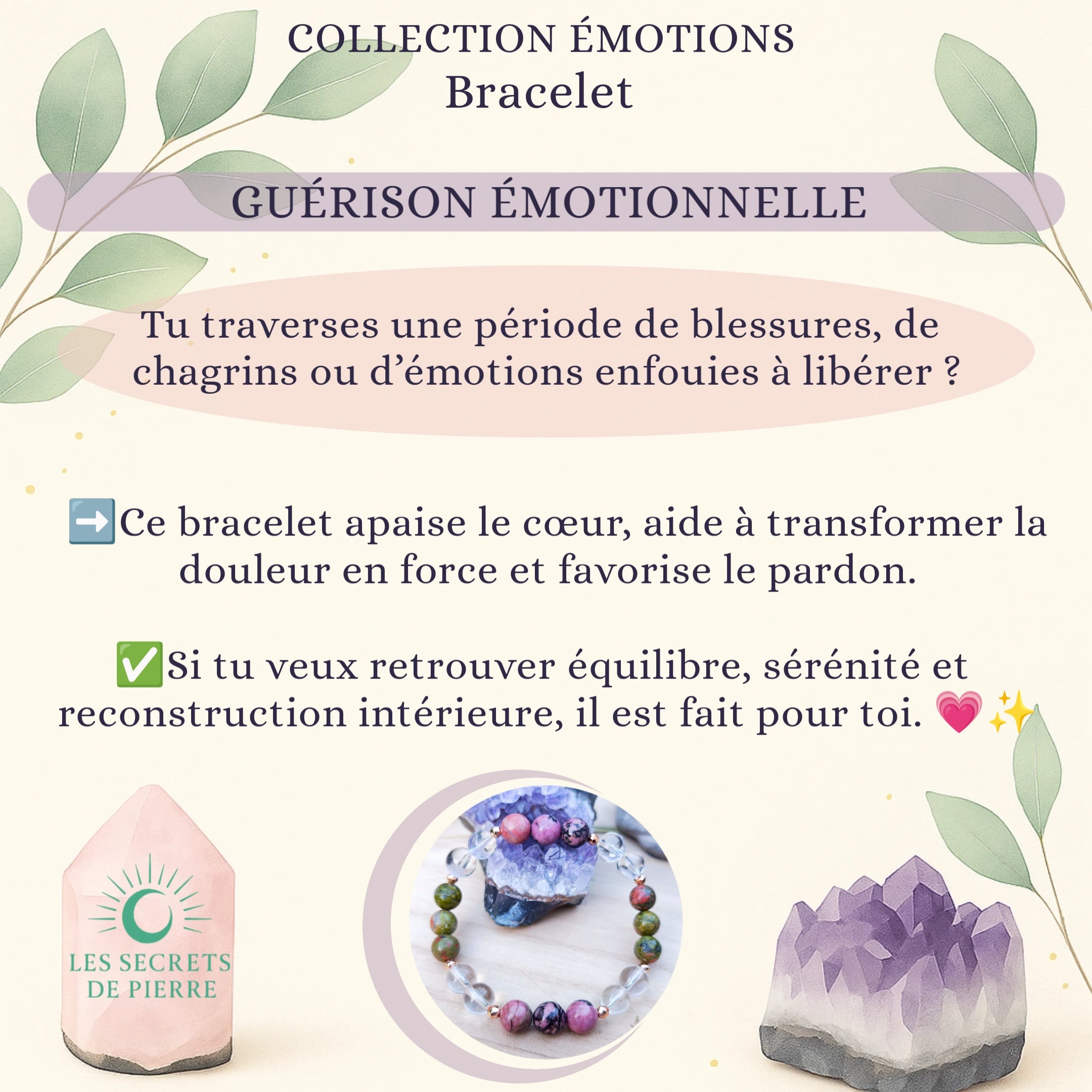 "Guérison Émotionnelle" – Rhodonite, Cristal de Roche & Unakite – Image 2