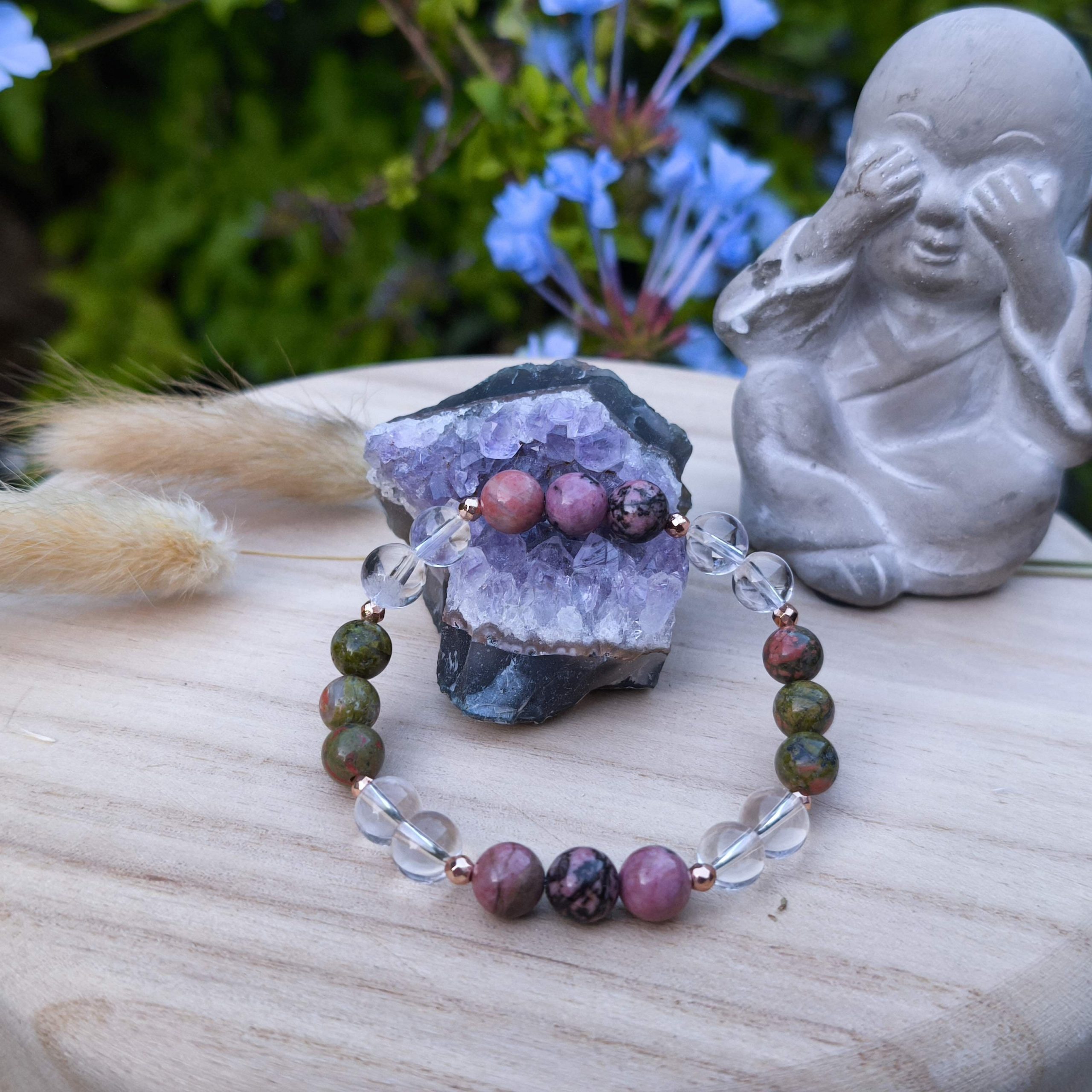 Bracelet Guérison émotionnelle – Rhodonite, Unakite & Cristal de roche