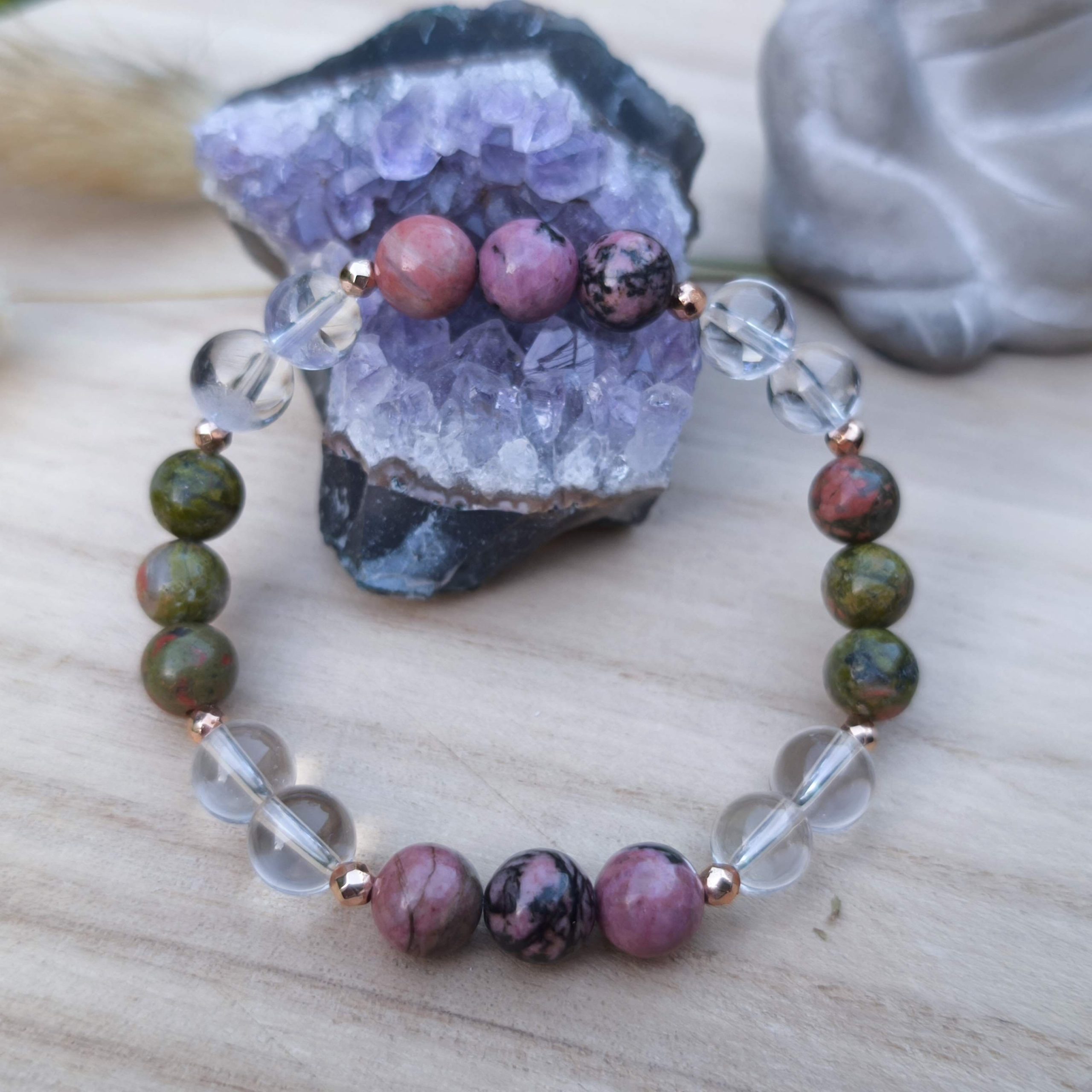 Bracelet Guérison émotionnelle – Rhodonite, Unakite & Cristal de roche