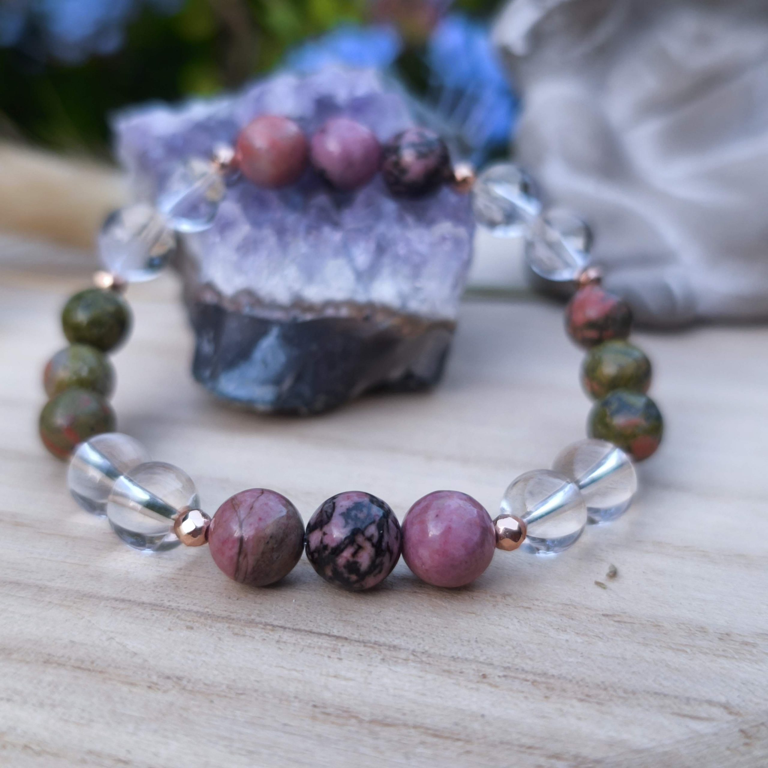 Bracelet Guérison émotionnelle – Rhodonite, Unakite & Cristal de roche