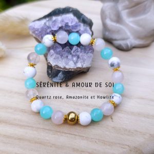 Bracelet Sérénité & Amour de soi – Amazonite extra USA, Quartz rose & Howlite