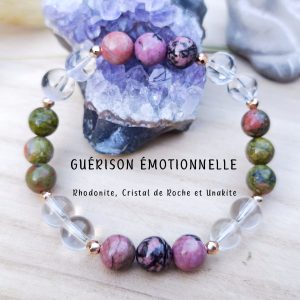 Bracelet guérison émotionnelle en rhodonite, cristal de roche et unakite.