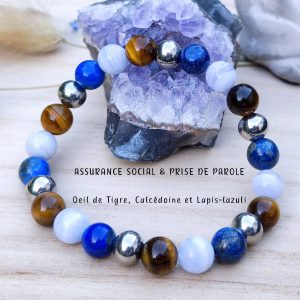 Bracelet Assurance sociale & Prise de parole – Calcédoine bleue, Œil de tigre & Lapis-lazuli