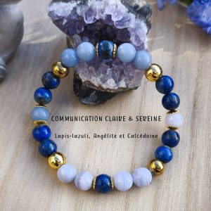 Bracelet communication claire et sereine en calcédoine bleue, angélite et lapis-lazuli.