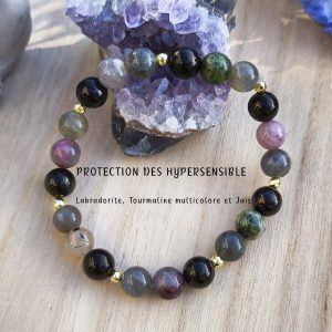 Bracelet Protection des hypersensibles – Jais, Labradorite & Tourmaline multicolore