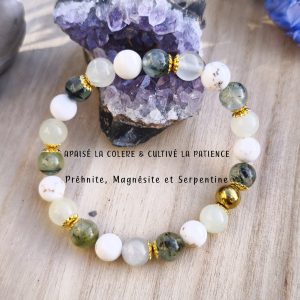 Bracelet apaiser la colère et cultiver la patience en magnésite, serpentine et préhnite.