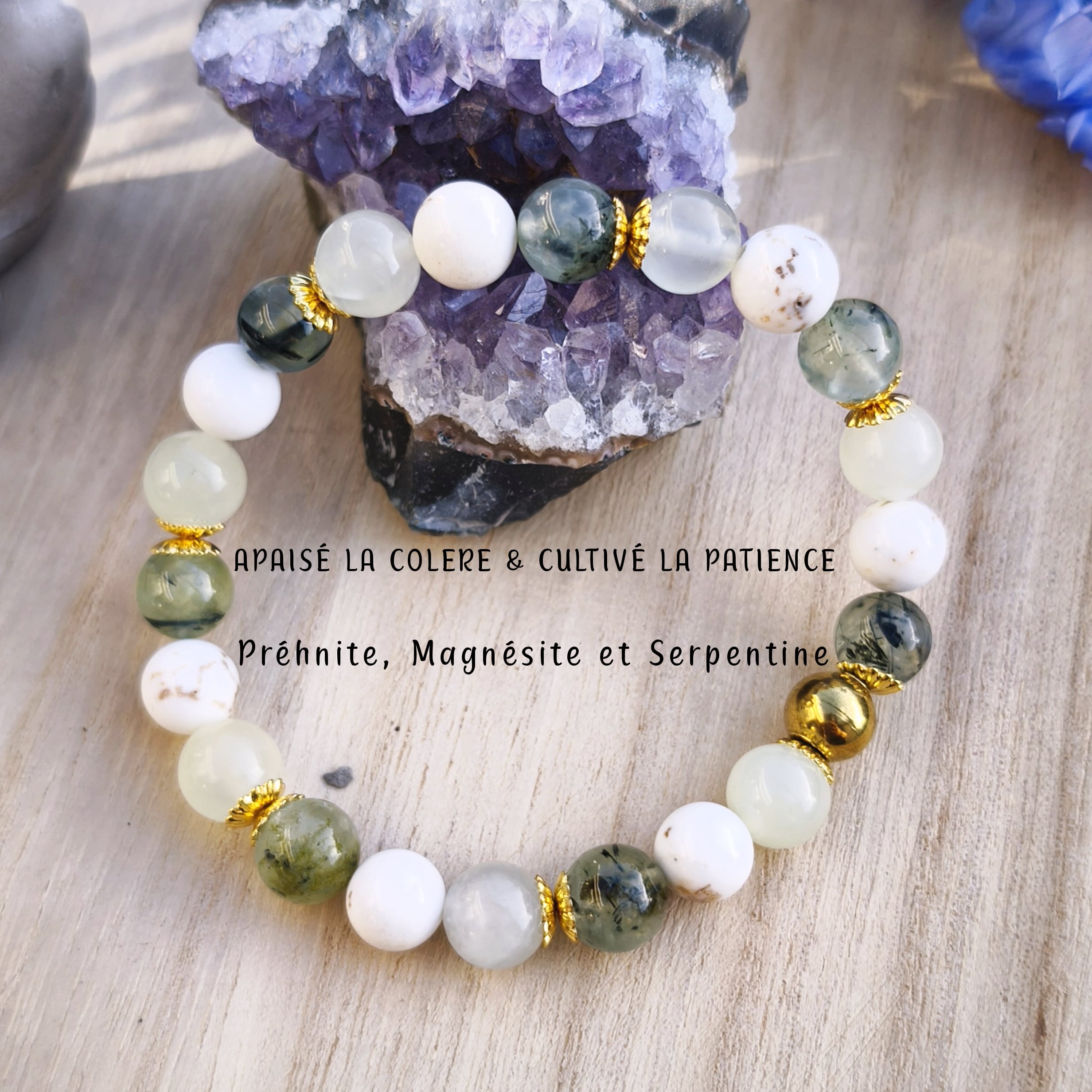 Bracelet apaiser la colère et cultiver la patience en magnésite, serpentine et préhnite.