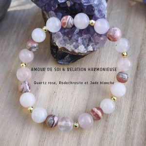 Bracelet Amour de soi & Relations harmonieuses – Jade blanche, Quartz rose & Rhodochrosite