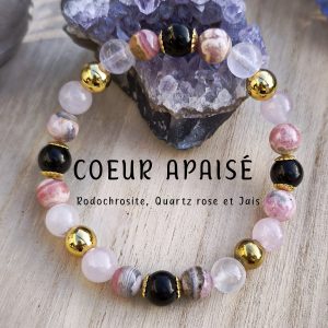Bracelet cœur apaisé en quartz rose, rhodochrosite et jais