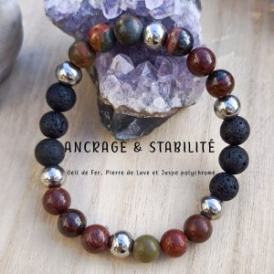 Bracelet Ancrage & Stabilité en jaspe polychrome, pierre de lave et œil de fer – perles 8 mm DQ.