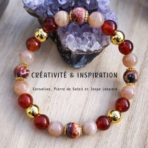 Bracelet Créativité & Inspiration – Cornaline, Pierre de Soleil & Jaspe Léopard
