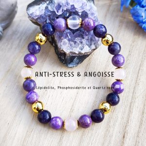 Bracelet Anti-stress & Angoisse – Lépidolite, Phosphosidérite & Quartz rose