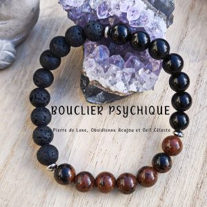 Bracelet Bouclier psychique – Obsidienne Œil céleste, Obsidienne Acajou & Pierre de Lave