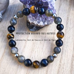 Bracelet protection en labradorite, œil de tigre et œil de faucon – perles 8 mm avec acier inox et coupelles.