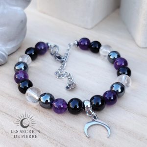 Bracelet Reconstruction Intérieure en tourmaline, cristal de roche, hématite et améthyste.
