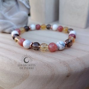 Bracelet Harmonie Féminine en quartz fumé, citrine, pierre de lune orangée et howlite