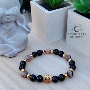 Bracelet en tourmaline noire et rhodonite avec perles inox doré, protection et sérénité.