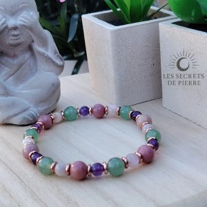 Bracelet Assurance & Force intérieure en rhodonite, aventurine, kunzite et améthyste.