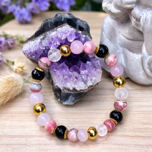 bracelet coeur apaisé, quartz rose, rhodochrosite, jais - Les secrets de Pierre