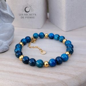 Bracelet Confiance & Expression en apatite bleue et acier inox doré.
