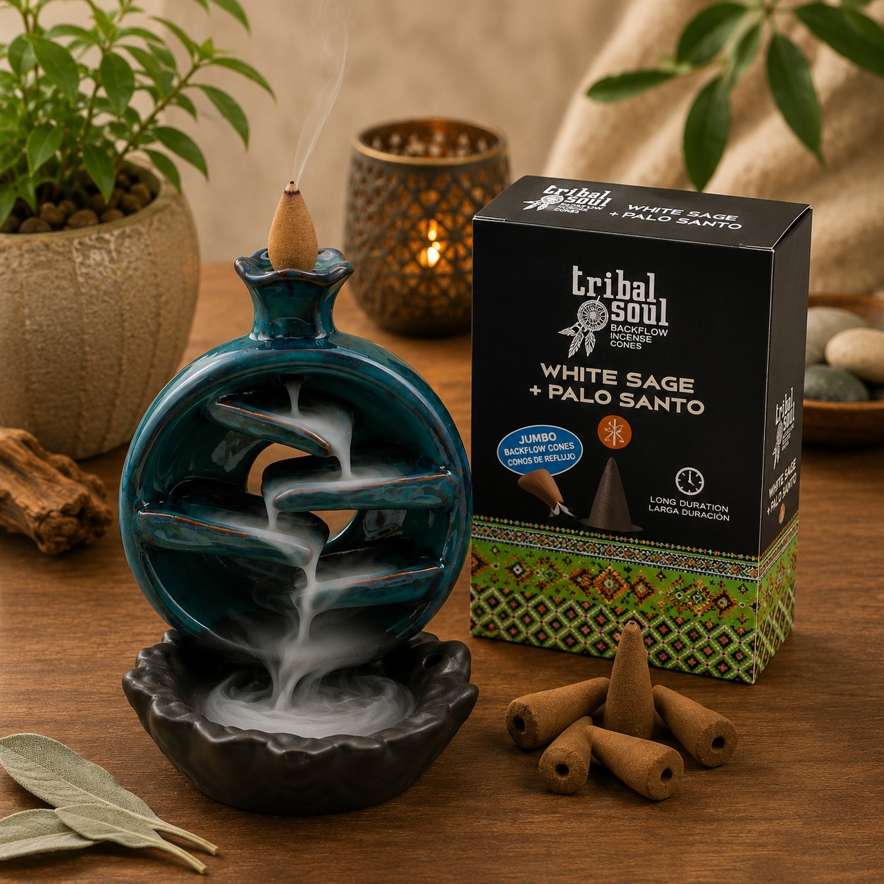 Cônes à reflux XL Tribal Soul Sauge Blanche et Palo Santo avec effet cascade