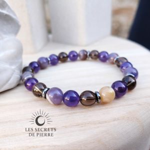 Bracelet en agate de Botswana, quartz fumé et améthyste, perles naturelles 8 mm, monté sur fil élastique