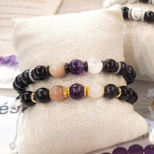 Bracelets Famille – Onyx brillant, Onyx mat & perles enfants personnalisées
