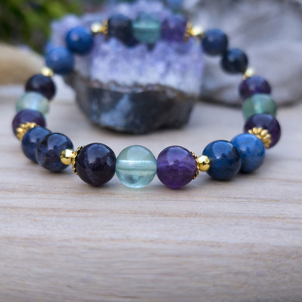 Bracelet concentration et mémoire en fluorite multicolore, iolite et dumortierite.