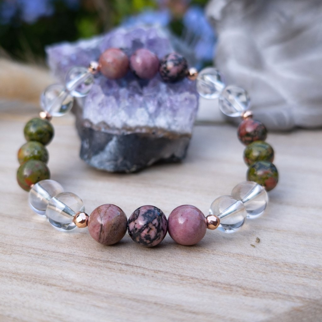 bracelet je me reconstruit, guérison émotionnelle, rhodonite, unakite, cristal de roche