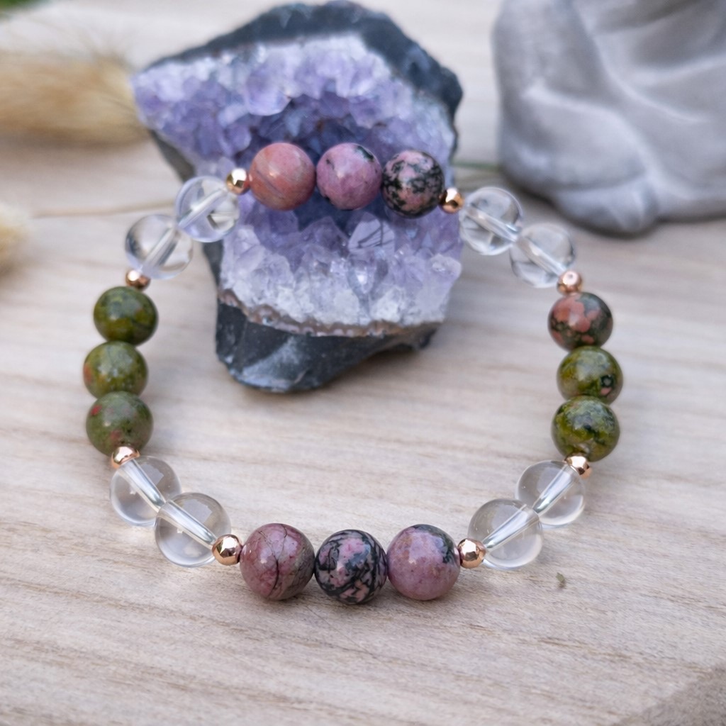 bracelet je me reconstruit, guérison émotionnelle, rhodonite, unakite, cristal de roche