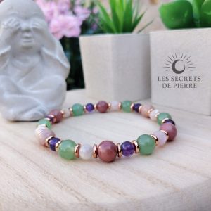 Bracelet Assurance & Force intérieure en rhodonite, aventurine, kunzite et améthyste.