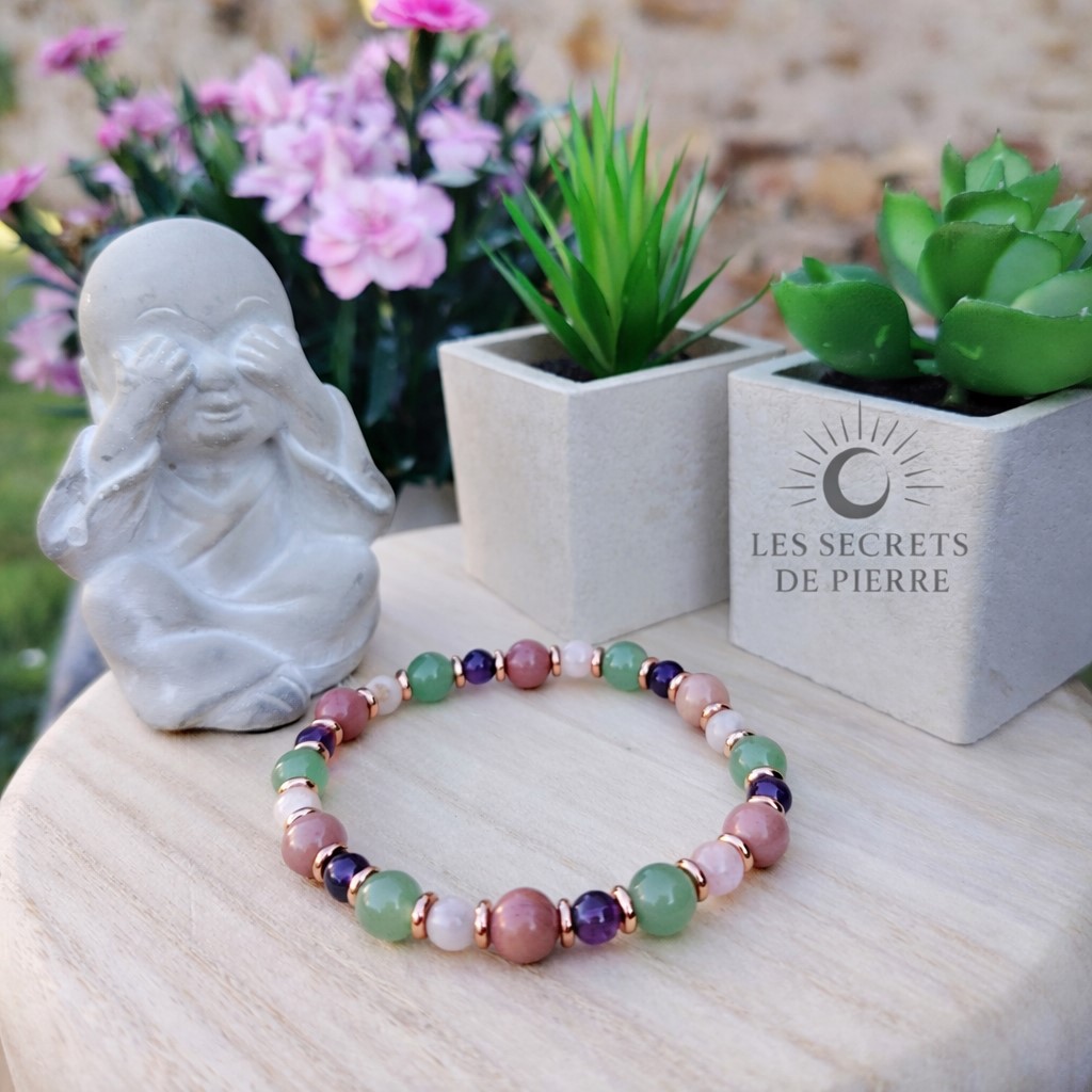 Bracelet Assurance & Force intérieure en rhodonite, aventurine, kunzite et améthyste.