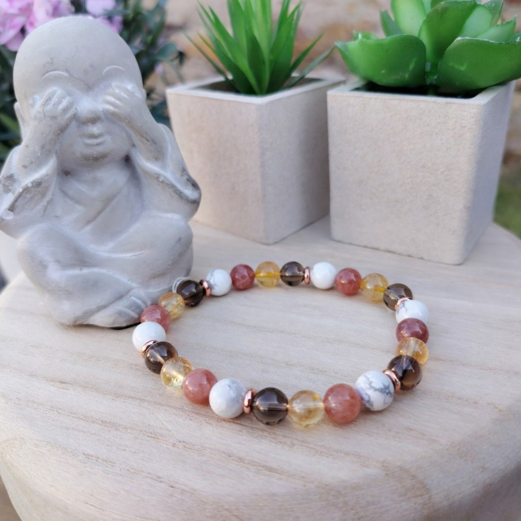 bracelet menopause howlite, pierre de lune citrine quartz fume