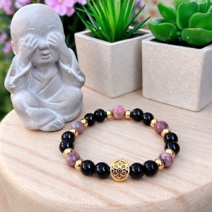 Bracelet en tourmaline noire et rhodonite avec perles inox doré, protection et sérénité.