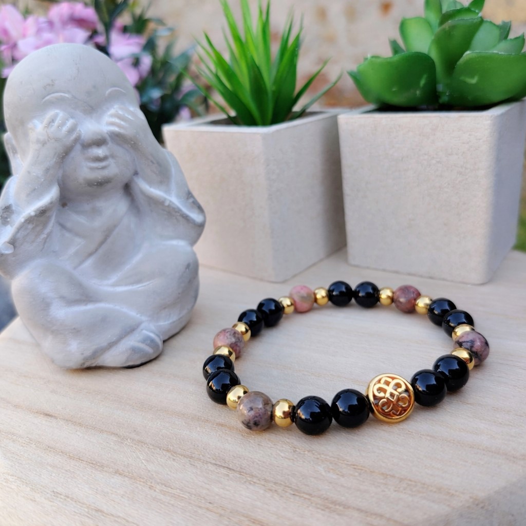 Bracelet en tourmaline noire et rhodonite avec perles inox doré, protection et sérénité.