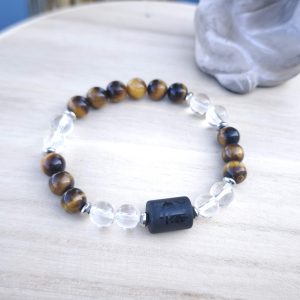 Lion "Confiance & Rayonnement" – Œil de tigre, Cristal de roche & Onyx