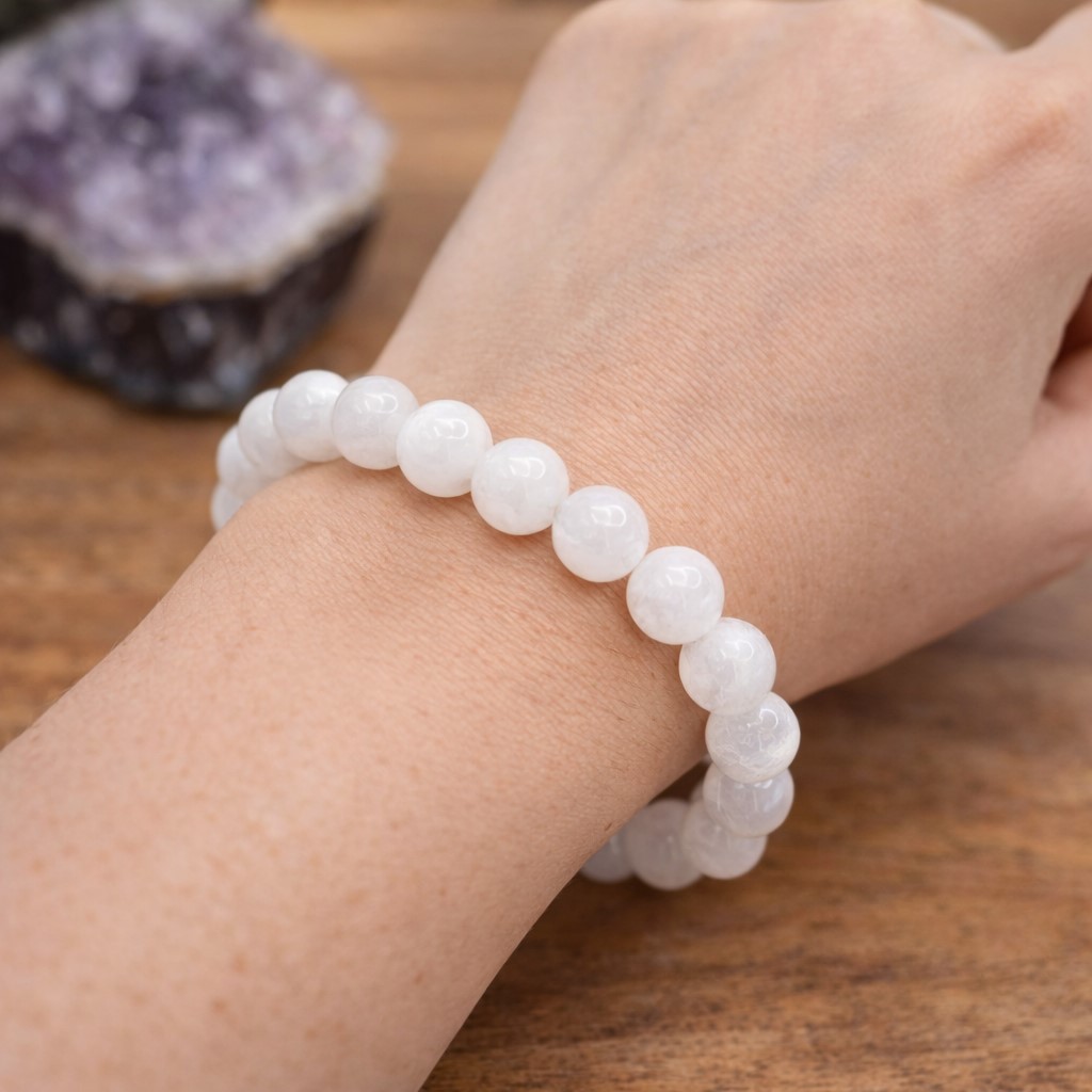 bracelet jade blanc porté au poignet pierre naturelle apaisante