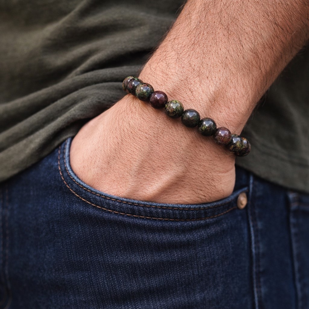 bracelet jaspe sang de dragon homme porté au poignet force courage pierre naturelle