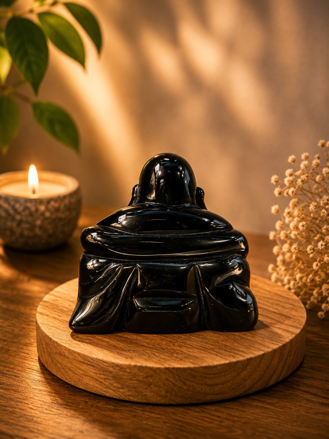 Bouddha rieur sculpté en obsidienne noire naturelle 80 mm
