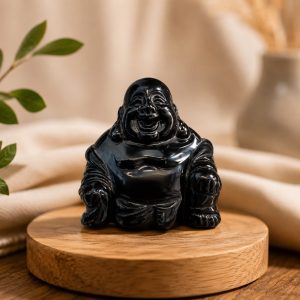Bouddha rieur sculpté en obsidienne noire naturelle 80 mmv