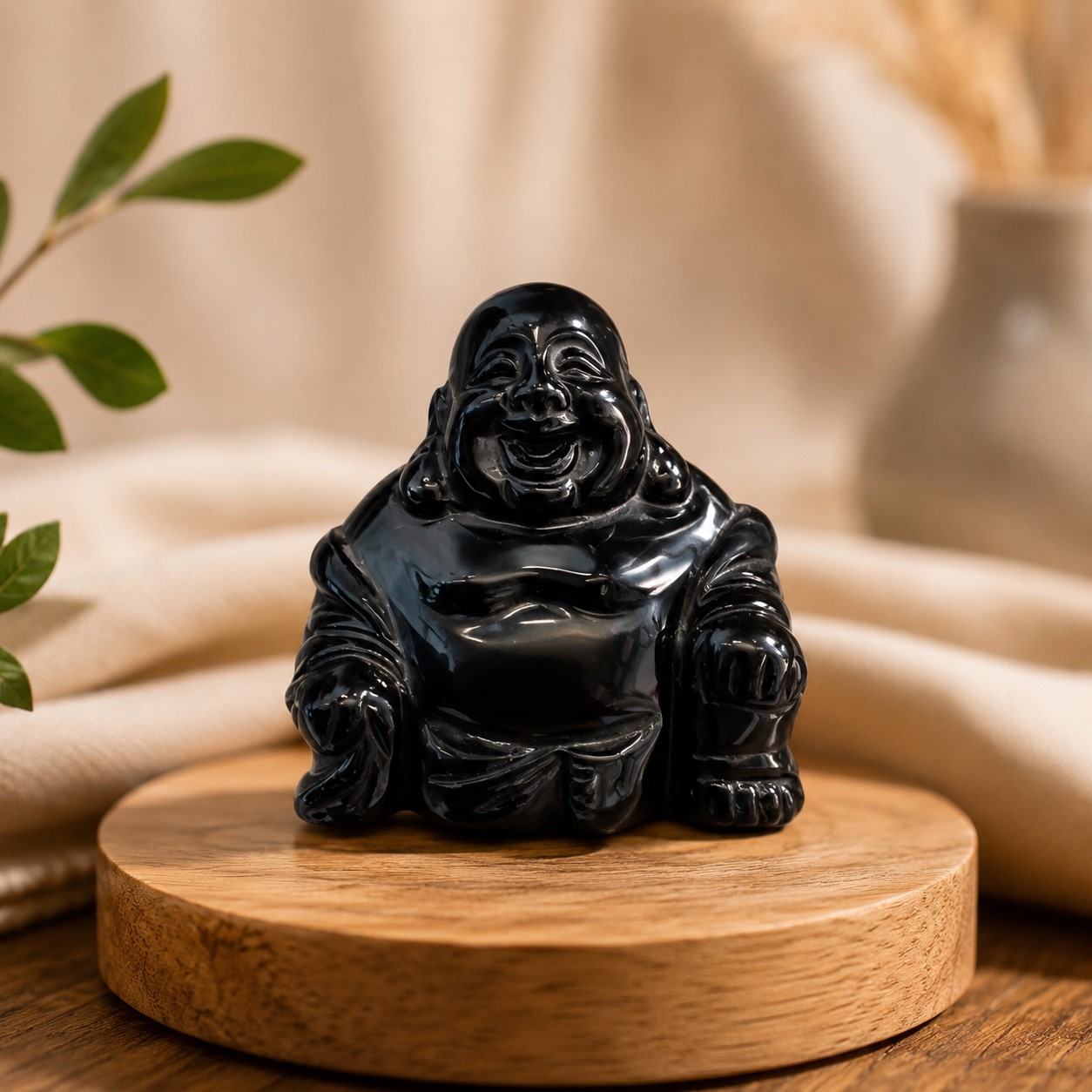 Bouddha rieur sculpté en obsidienne noire naturelle 80 mmv